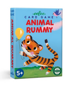 The Eeboo Animal Rummy Playing Cards box features a tiger with a balloon and colorful cards, perfect for children ages 5 and up.