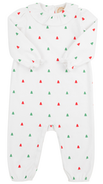 The Beaufort Bonnet Company Baby Girls' Ramona Ruffle Romper features long sleeves, a ruffled collar, snap leg closures, and a festive pattern of small red and green Christmas trees—perfect for holiday charm.