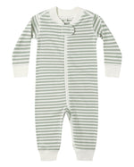 The Quincy Mae Baby Long Sleeve Zip Sleeper features green and white stripes, white cuffs, and an asymmetrical double zipper for easy nighttime changes—ideal as an organic zip sleeper.