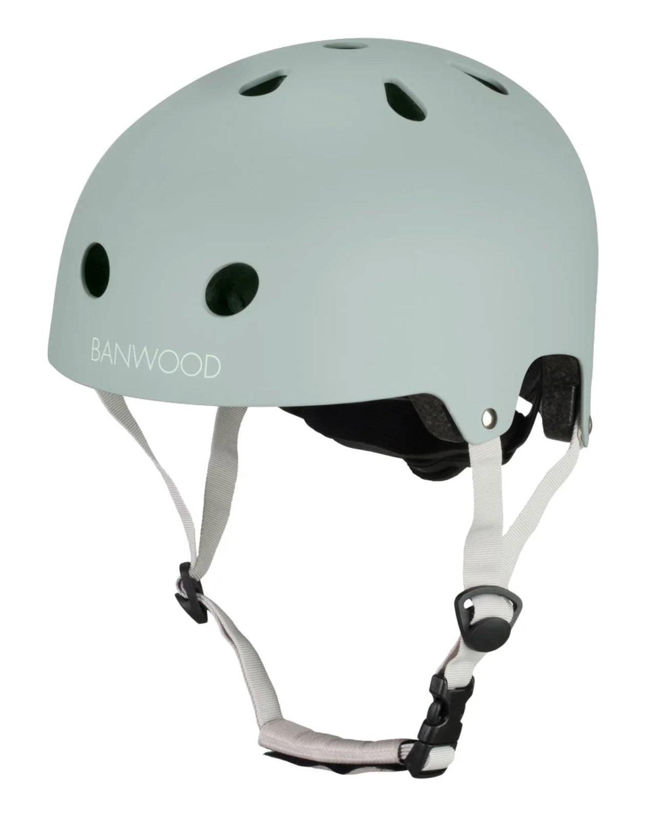 The Banwood Eco Helmet is a matte light green classic-style helmet featuring ventilation holes, a chin strap, and "BANWOOD" printed on the side.