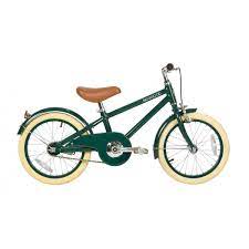 The Banwood Classic Children’s Bicycle, shown from the side against a white background, features a green frame, cream-colored tires, training wheels, and a brown seat.