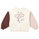 The Girls' Legend Sweatshirt by Rylee & Cru features a white and brown design with a heart detail, making it a cozy layer for any relaxed outfit.