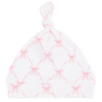 The Angel Dear Knotted Hat features a light pink crisscross pattern with pink bows at each intersection, crafted from soft bamboo for babies.