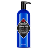 A 975 ml (33 fl oz) blue bottle of Jack Black All-Over Wash, a sulfate-free, English and French labeled face, hair, and body wash with pump dispenser.
