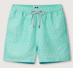 Love Brand's Staniel Swim Trunk features light green swim shorts with a subtle blue diamond pattern, an elastic waistband, and a white drawstring. Made from recycled materials, these quick-dry trunks ensure all-day comfort by the water.