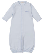 The Kissy Kissy Premier Elephant Esprit Converter Gown features soft Pima cotton, long sleeves, an elasticized hem, and elegant hand embroidery on the chest.