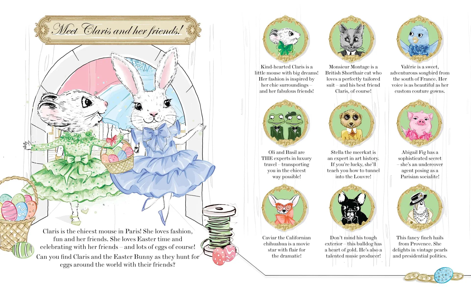 Discover a delightful illustrated page from *Where is Claris at Easter!* by Chronicle Books, featuring Claris the mouse and friends in festive Easter outfits as they journey through Paris—complete with character descriptions and hidden Easter eggs to find throughout the enchanting scene.
