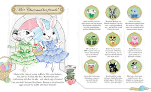 Discover a delightful illustrated page from *Where is Claris at Easter!* by Chronicle Books, featuring Claris the mouse and friends in festive Easter outfits as they journey through Paris—complete with character descriptions and hidden Easter eggs to find throughout the enchanting scene.
