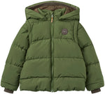Copenhagen Colors Boys’ 2-in-One Puffer Jacket w/ Removable Sleeves: green, hooded, front zipper, round logo patch on chest; water resistant for extra protection.
