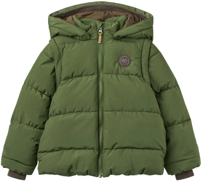 Copenhagen Colors Boys’ 2-in-One Puffer Jacket w/ Removable Sleeves: green, hooded, front zipper, round logo patch on chest; water resistant for extra protection.