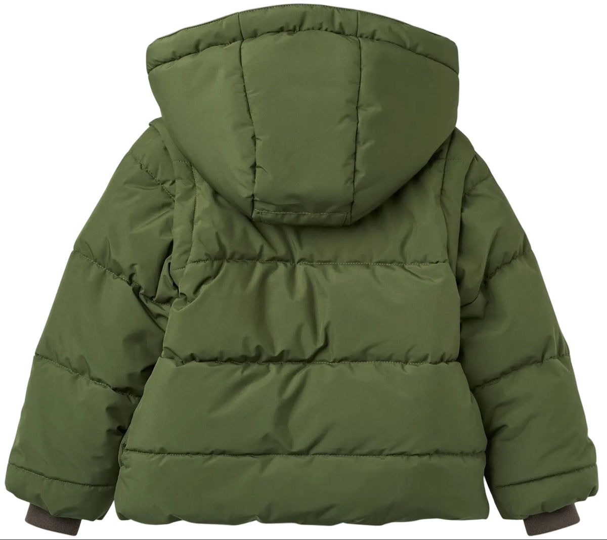 The Boys’ 2-in-One Puffer Jacket w/ Removable Sleeves by Copenhagen Colors is green, hooded, water resistant, with horizontal quilting and long sleeves; shown from the back.