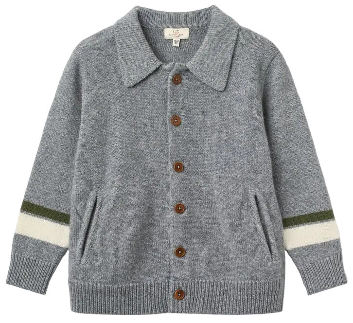 Boys’ Cashmere High School Cardigan by Copenhagen Colors—gray knit with brown buttons, two front pockets, and white-green sleeve stripes, laid flat on white background.