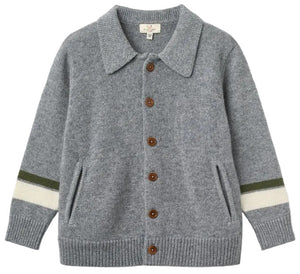 Boys’ Cashmere High School Cardigan by Copenhagen Colors—gray knit with brown buttons, two front pockets, and white-green sleeve stripes, laid flat on white background.