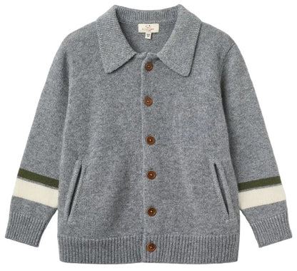 Boys’ Cashmere High School Cardigan by Copenhagen Colors—gray knit with brown buttons, two front pockets, and white-green sleeve stripes, laid flat on white background.
