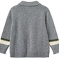Copenhagen Colors Boys’ Cashmere High School Cardigan—gray with long sleeves, ribbed cuffs/hem, white and green lower sleeve stripes, collared; classic school style shown from the back.