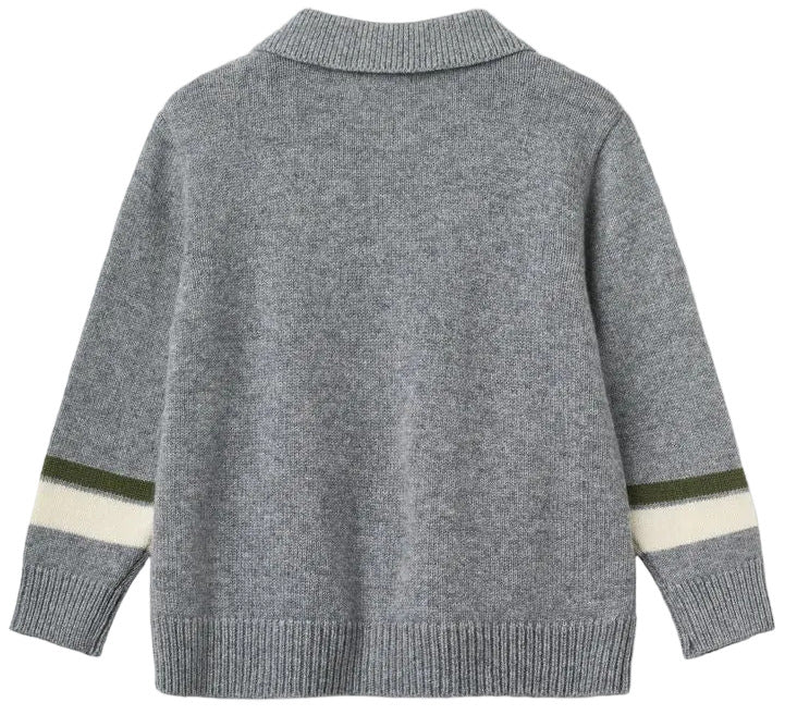 Copenhagen Colors Boys’ Cashmere High School Cardigan—gray with long sleeves, ribbed cuffs/hem, white and green lower sleeve stripes, collared; classic school style shown from the back.