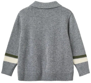 Copenhagen Colors Boys’ Cashmere High School Cardigan—gray with long sleeves, ribbed cuffs/hem, white and green lower sleeve stripes, collared; classic school style shown from the back.