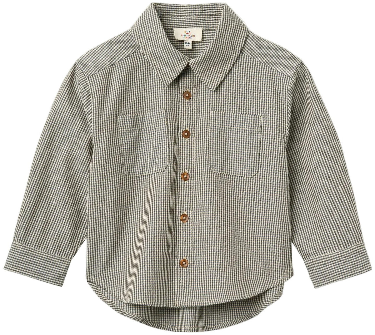The Baby Boys’ and Boys’ Checkered Classic Shirt by Copenhagen Colors features long sleeves, 2 chest pockets, brown buttons, and a black-and-white small checkered pattern.