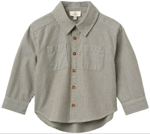 The Baby Boys’ and Boys’ Checkered Classic Shirt by Copenhagen Colors features long sleeves, 2 chest pockets, brown buttons, and a black-and-white small checkered pattern.
