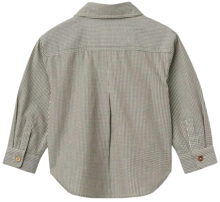 Back view of the Baby Boys’ and Boys’ Checkered Classic Shirt by Copenhagen Colors, featuring long sleeves, brown cuff buttons, and a green and white check pattern.