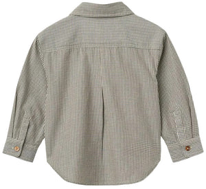 Back view of the Baby Boys’ and Boys’ Checkered Classic Shirt by Copenhagen Colors, featuring long sleeves, brown cuff buttons, and a green and white check pattern.