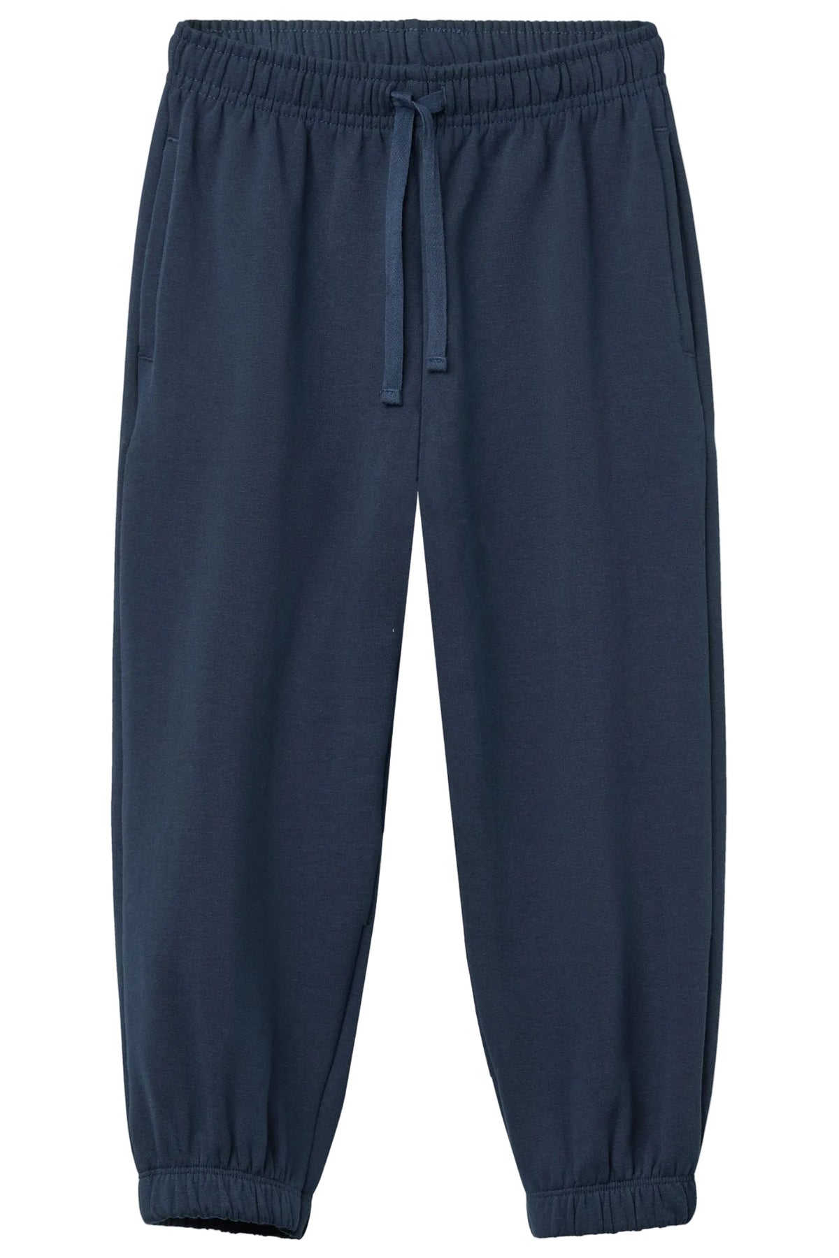 Baby Boys’ and Boys’ Classic Sweatpants by Copenhagen Colors, in navy blue with adjustable waistband, drawstring, side pockets, and elastic cuffs laid flat on white background.