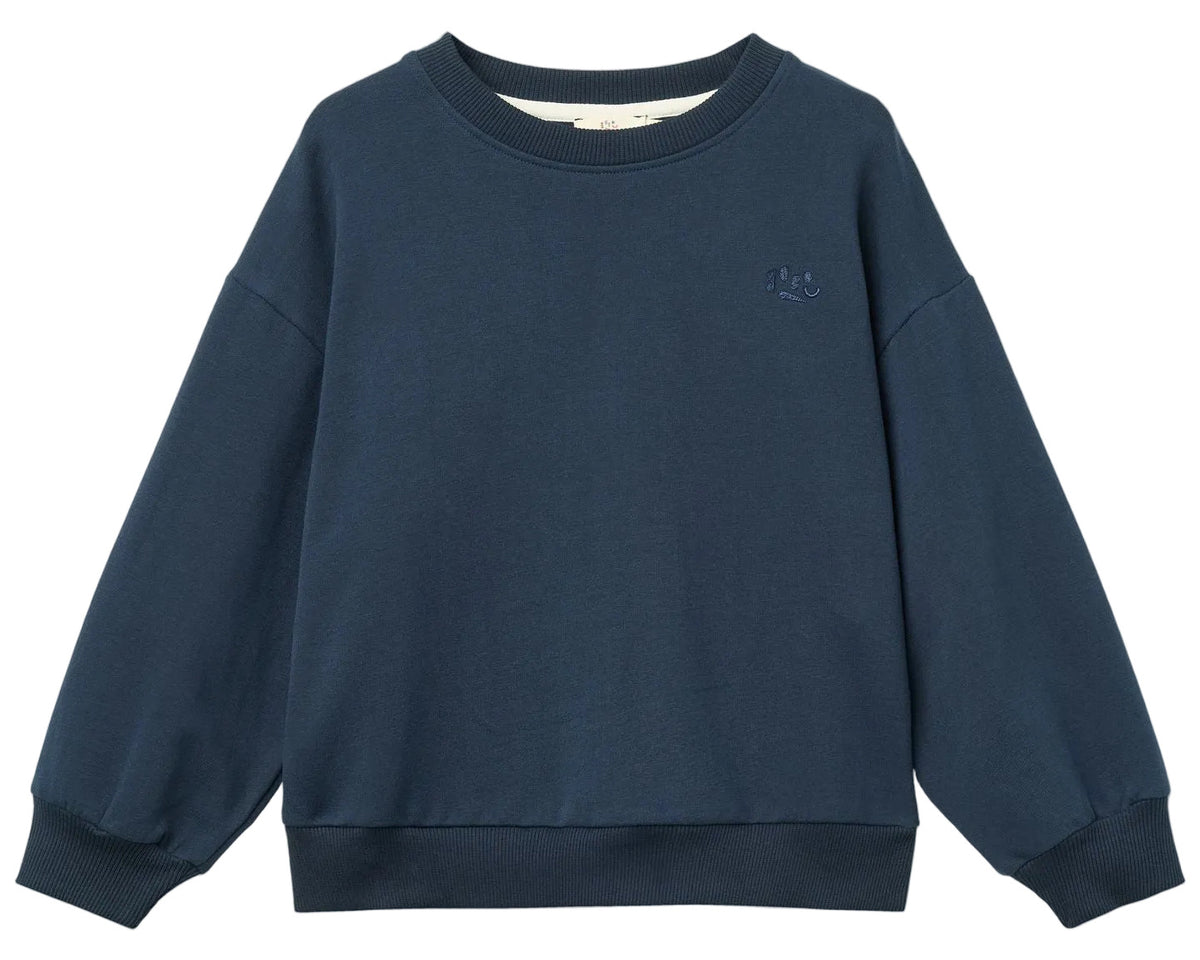 The Baby Boys’ and Boys’ Classic Sweatshirt by Copenhagen Colors features plain navy blue, a round neck, long sleeves, and ribbed cuffs and waistband. Displayed on white background.
