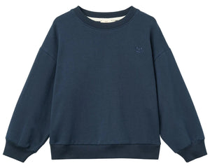 The Baby Boys’ and Boys’ Classic Sweatshirt by Copenhagen Colors features plain navy blue, a round neck, long sleeves, and ribbed cuffs and waistband. Displayed on white background.