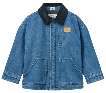 Copenhagen Colors Boys’ Denim Jacket with Corduroy Collar features a black collar, front zipper, two large pockets, and a tan patch on the left chest.