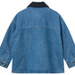 Back view of Copenhagen Colors Boys’ Denim Jacket with Corduroy Collar in blue, featuring long sleeves, buttoned cuffs, and seam detailing, laid flat on a white background.