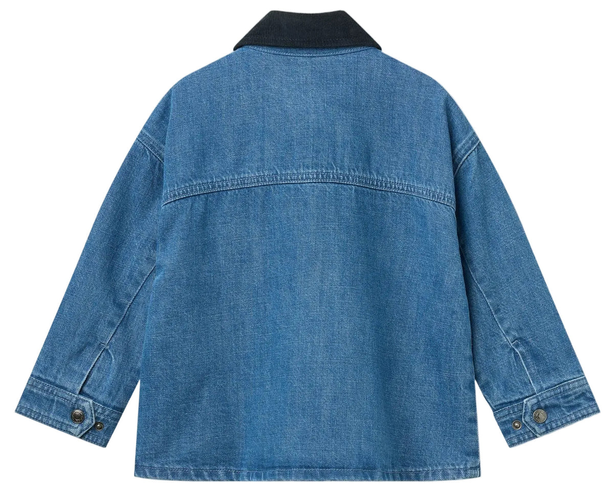Back view of Copenhagen Colors Boys’ Denim Jacket with Corduroy Collar in blue, featuring long sleeves, buttoned cuffs, and seam detailing, laid flat on a white background.