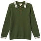 The Boys’ Knitted Waffle Polo Long-Sleeved Polo by Copenhagen Colors is green with white-striped collar and cuffs, plus a four-button placket.