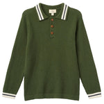 The Boys’ Knitted Waffle Polo Long-Sleeved Polo by Copenhagen Colors is green with white-striped collar and cuffs, plus a four-button placket.