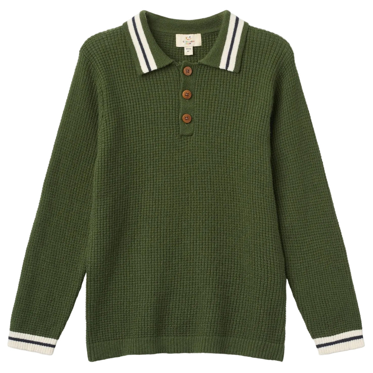 The Boys’ Knitted Waffle Polo Long-Sleeved Polo by Copenhagen Colors is green with white-striped collar and cuffs, plus a four-button placket.