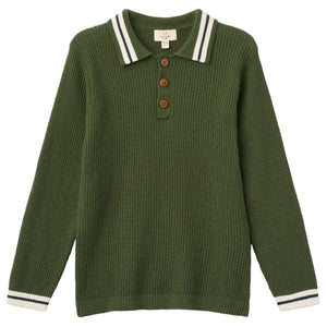The Boys’ Knitted Waffle Polo Long-Sleeved Polo by Copenhagen Colors is green with white-striped collar and cuffs, plus a four-button placket.