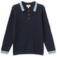 The Boys’ Knitted Waffle Polo Long-Sleeved Polo by Copenhagen Colors features navy blue knit, ribbed texture, button placket, and light blue and white striped collar and cuffs.