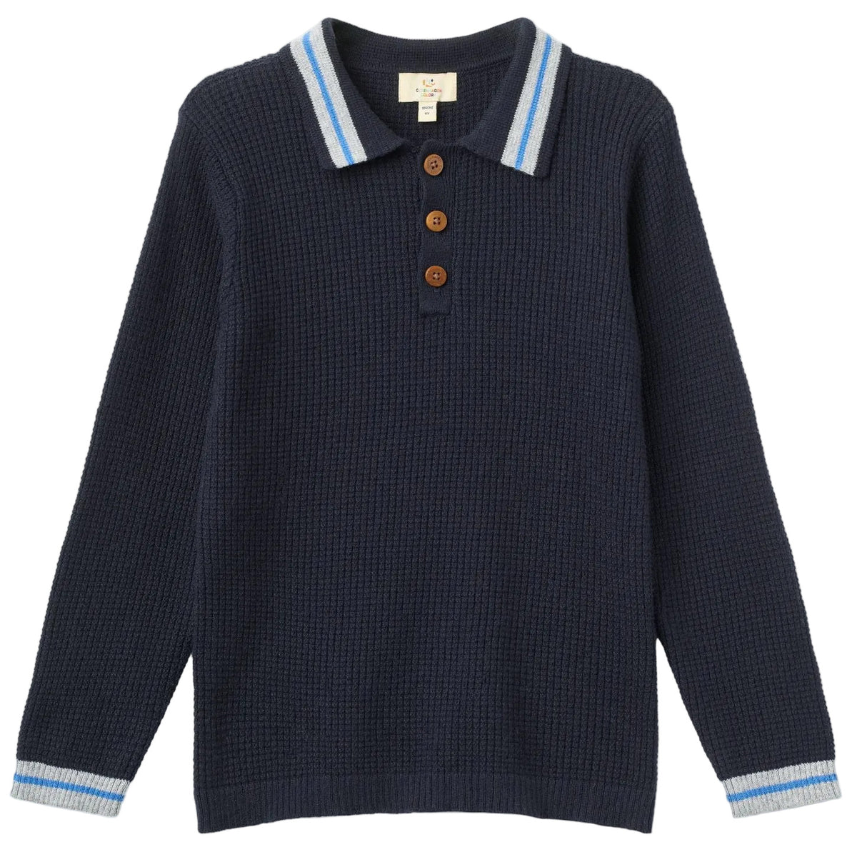 The Boys’ Knitted Waffle Polo Long-Sleeved Polo by Copenhagen Colors features navy blue knit, ribbed texture, button placket, and light blue and white striped collar and cuffs.