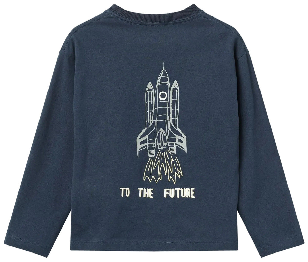 Boys’ To the Future Long Sleeve T-Shirt by Copenhagen Colors: navy, lightweight fabric, with a white space shuttle launch and “TO THE FUTURE” below.