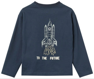 Boys’ To the Future Long Sleeve T-Shirt by Copenhagen Colors: navy, lightweight fabric, with a white space shuttle launch and “TO THE FUTURE” below.