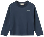 The Boys’ To the Future Long Sleeve T-Shirt by Copenhagen Colors features a plain navy design with a small white chest logo, made from lightweight fabric and shown on a white background.