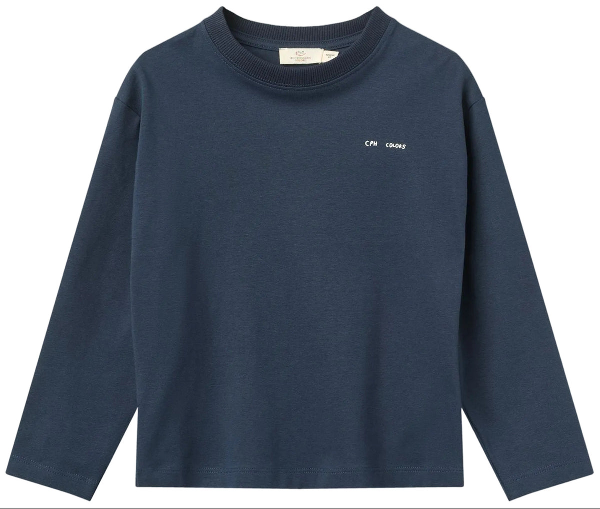 The Boys’ To the Future Long Sleeve T-Shirt by Copenhagen Colors features a plain navy design with a small white chest logo, made from lightweight fabric and shown on a white background.