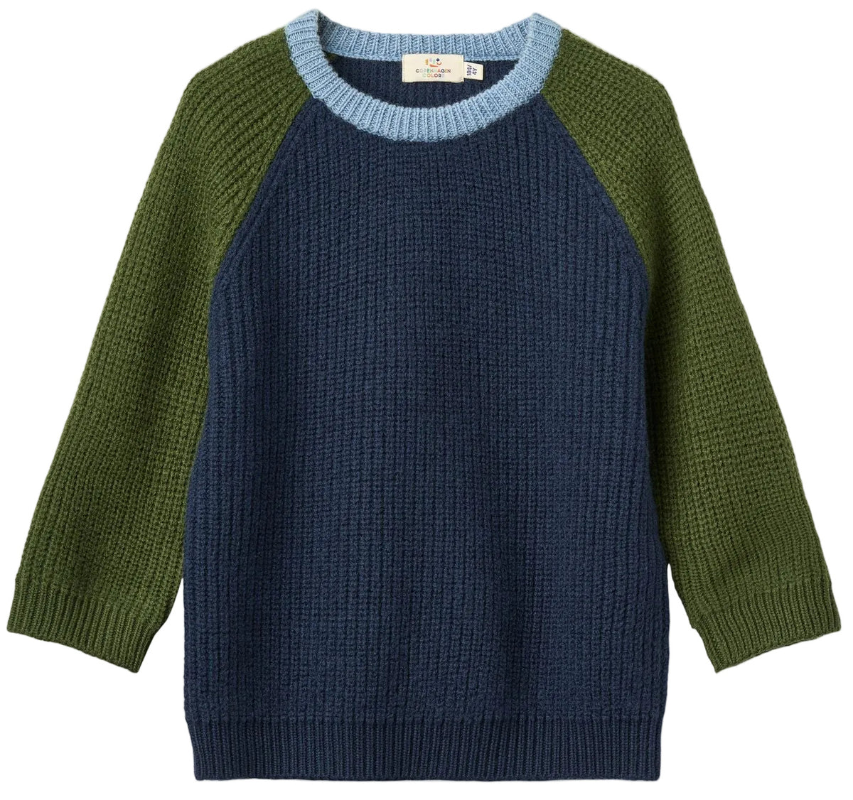 The Baby Boys’ and Boys’ Merino Ribbed Knitted Top by Copenhagen Colors features navy front/back, olive sleeves, and a light blue crew neck.