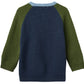 The Baby Boys’ and Boys’ Merino Ribbed Knitted Top by Copenhagen Colors features a navy body, olive sleeves, and a light blue ribbed neckline, shown from the back.