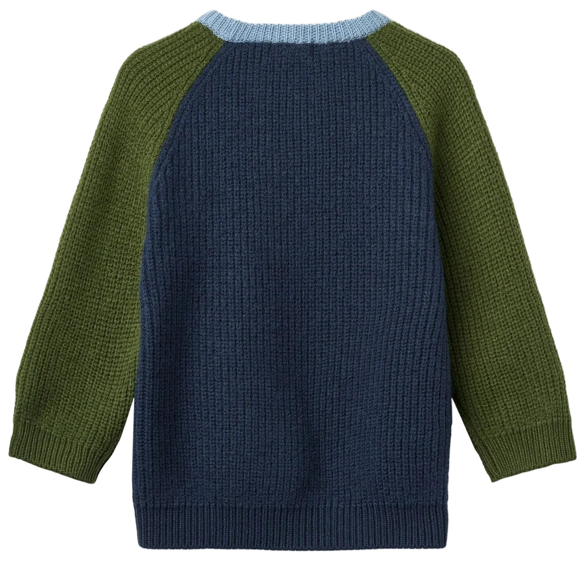 The Baby Boys’ and Boys’ Merino Ribbed Knitted Top by Copenhagen Colors features a navy body, olive sleeves, and a light blue ribbed neckline, shown from the back.