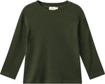 The Baby Boys’ and Boys’ Modal Rib Long Sleeve Shirt by Copenhagen Colors in dark green is shown on a plain white background.