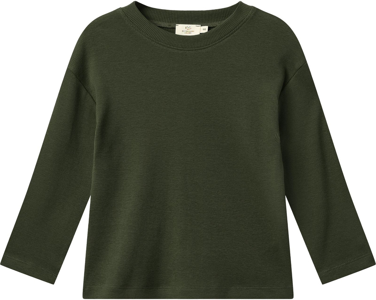 The Baby Boys’ and Boys’ Modal Rib Long Sleeve Shirt by Copenhagen Colors in dark green is shown on a plain white background.