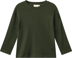 The Baby Boys’ and Boys’ Modal Rib Long Sleeve Shirt by Copenhagen Colors in dark green is shown on a plain white background.