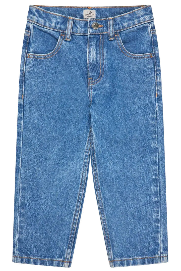 Baby Boys’ and Boys’ Organic Junior Jeans - Regular Fit by Copenhagen Colors in blue denim, featuring front/back pockets, belt loops, and a button closure, laid flat on white.