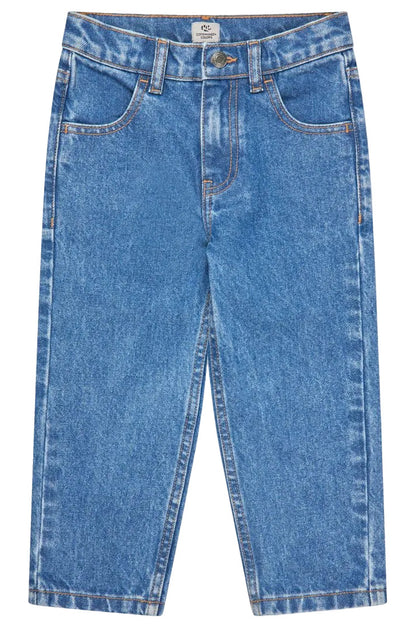Baby Boys’ and Boys’ Organic Junior Jeans - Regular Fit by Copenhagen Colors in blue denim, featuring front/back pockets, belt loops, and a button closure, laid flat on white.