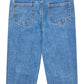 Back view of Baby Boys’ and Boys’ Organic Junior Jeans - Regular Fit in blue denim with two rear pockets, belt loops, and a brown leather Copenhagen Colors patch on the waistband.